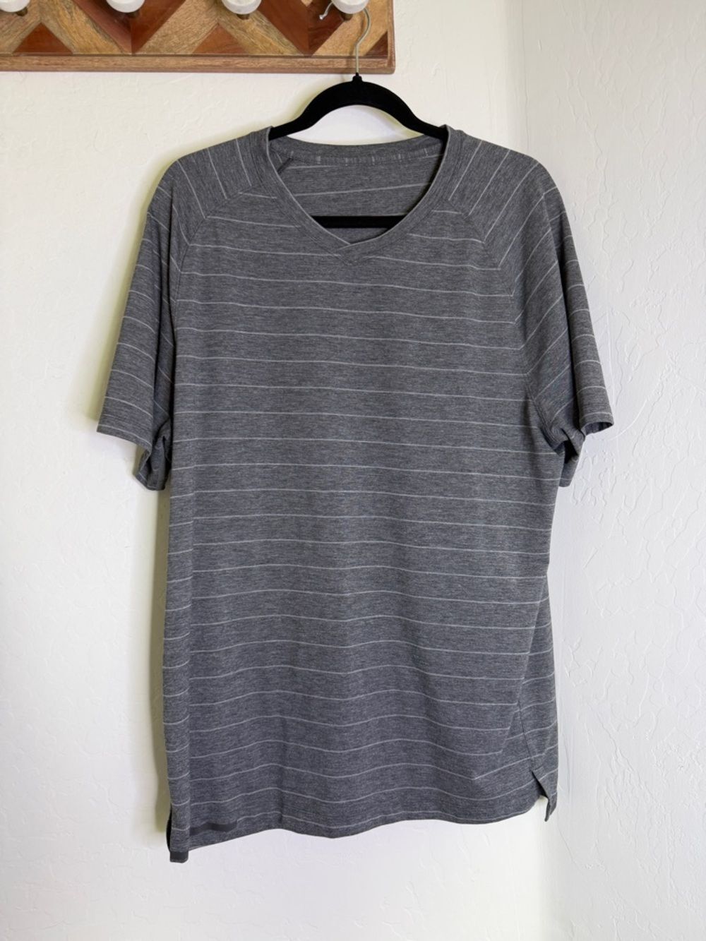 Lululemon Men's Gray Striped Short-Sleeve V-Neck Shirt L